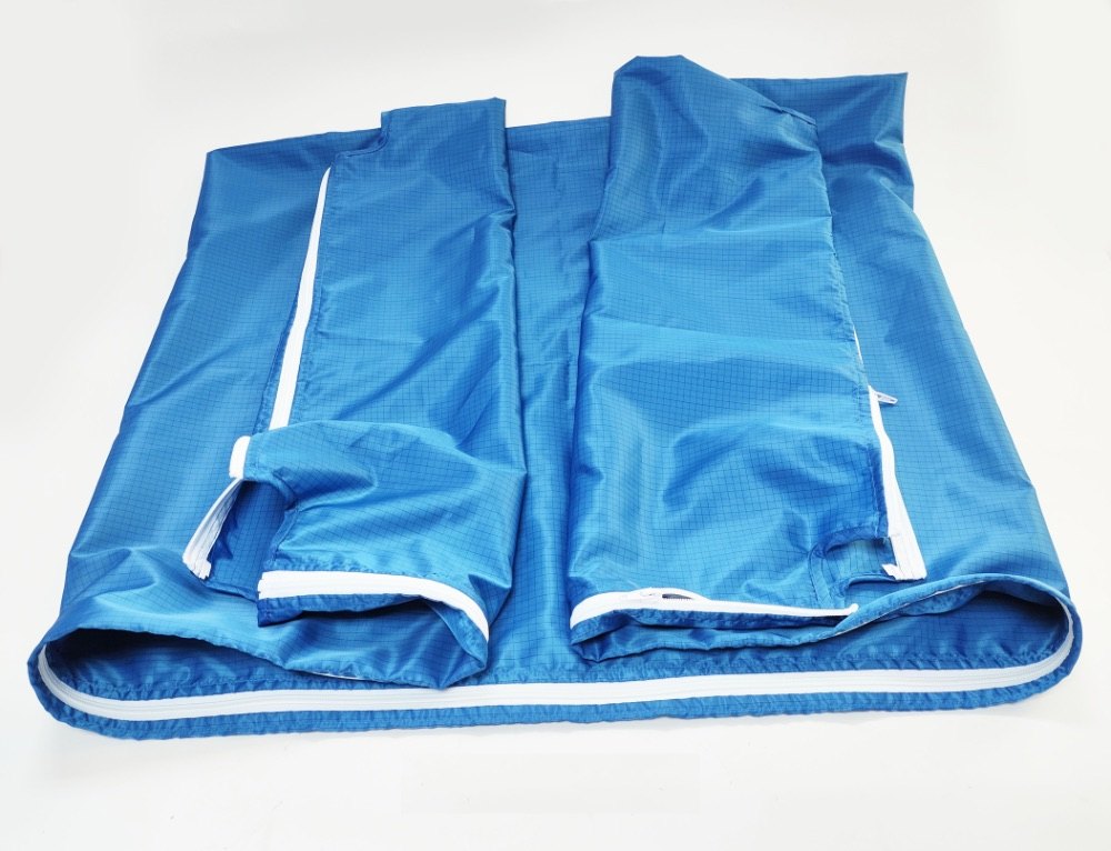 A blue ESD shelf cover laid flat, showing white zips along the edges